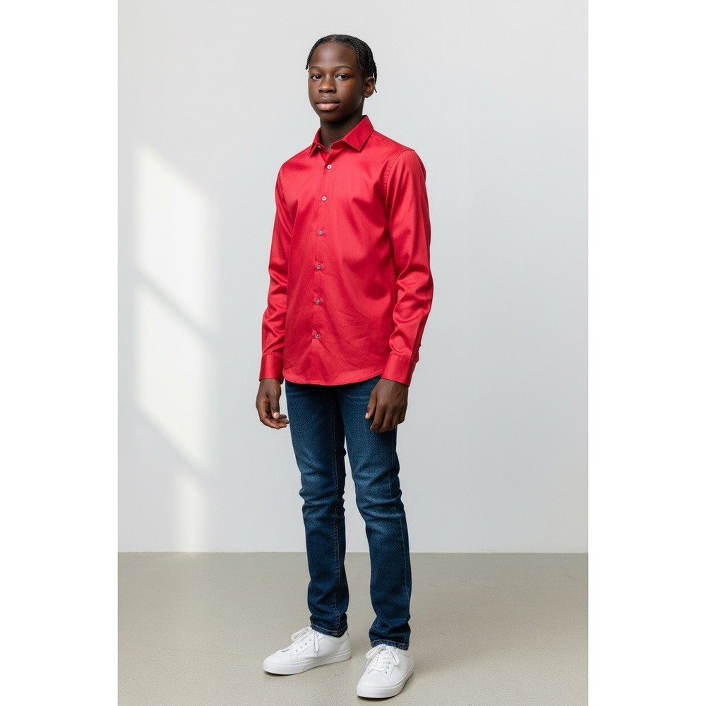 Calvin‎ Klein Boys Red Sateen Long Sleeve Button Down Dress Shirt Size 10